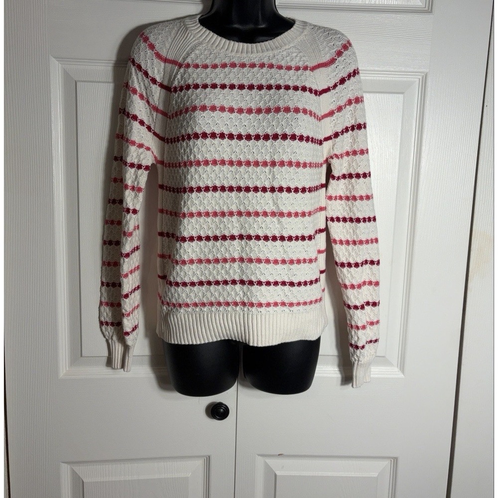LOFT Striped Sweater Women XS Cream Red Pink 100% Cotton Textured Knit Pullover
